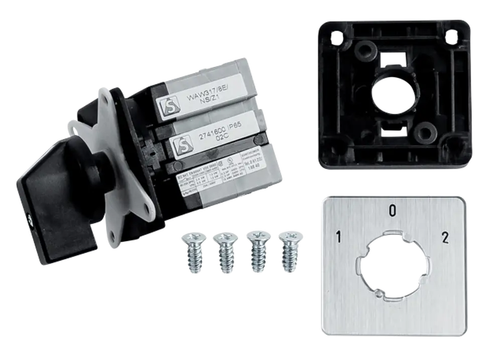 Umschalter von Wolf mit abnehmbarer Frontblende, Montageplatte und Schrauben, geeignet für bestimmte Modelle zur präzisen Steuerung von elektrischen Geräten.